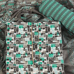 Cotton Dress Material Featuring a Grey and Rama Green Palette with Artistic Geometric Patterns