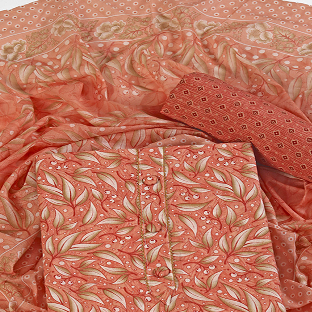 Pure Cotton Dress Material in Soothing Peach with Artistic Floral Prints