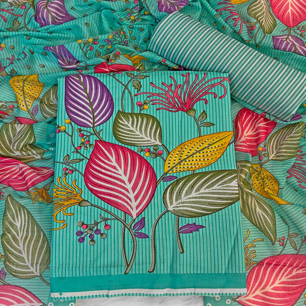 Turquoise Floral & Striped Printed Pure Cotton Dress Material With Elegant Detailing