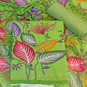 Green Floral & Striped Printed Pure Cotton Dress Material With Elegant Detailing