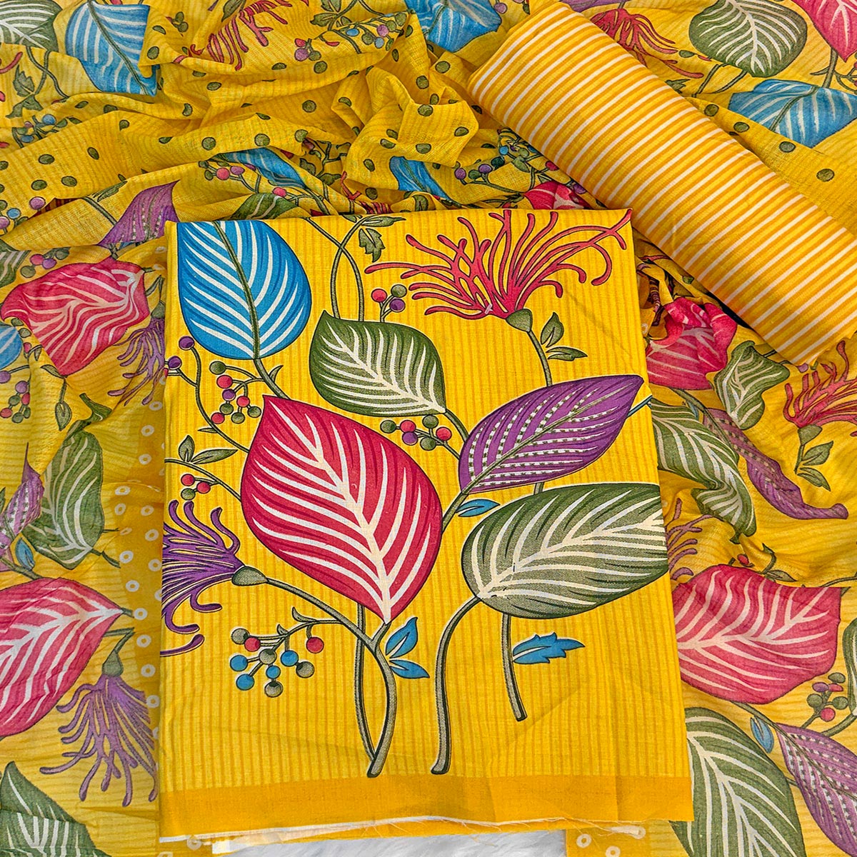 Yellow Floral & Striped Printed Pure Cotton Dress Material With Elegant Detailing