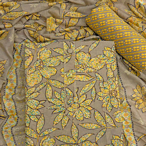 Brown & Yellow Floral Printed Pure Cotton Dress Material With Elegant Everyday Appeal