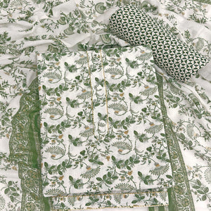 Elegant Green Floral Printed Pure Cotton Dress Material With Tie Neck & Fancy Button