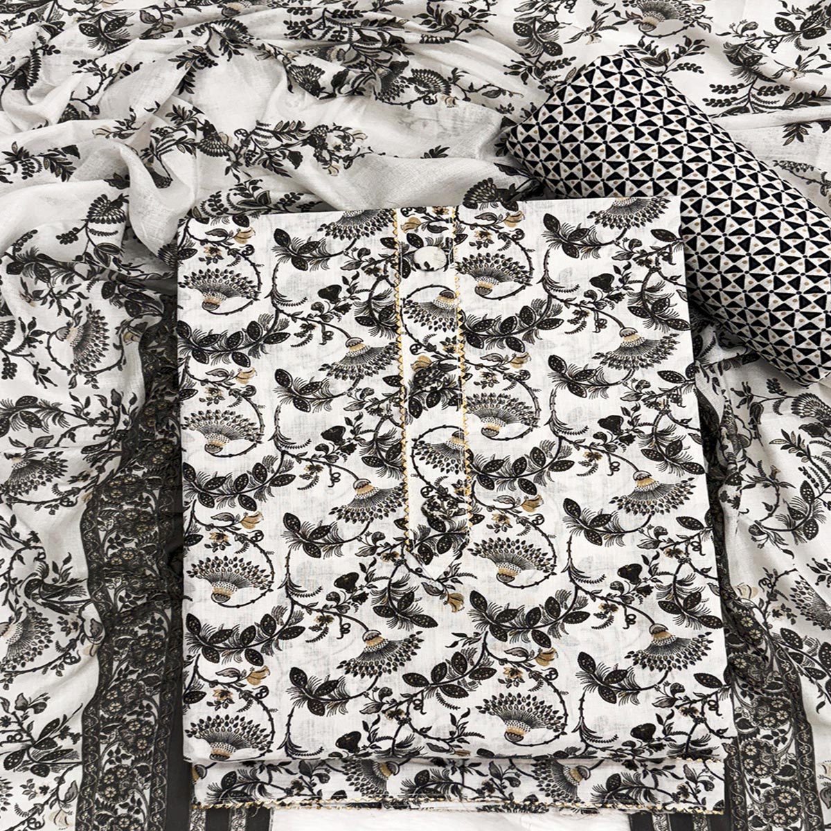 Elegant Black Floral Printed Pure Cotton Dress Material With Tie Neck & Fancy Button