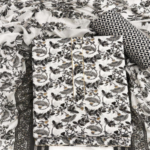 Elegant Black Floral Printed Pure Cotton Dress Material With Tie Neck & Fancy Button