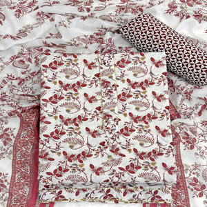 Elegant Maroon Floral Printed Pure Cotton Dress Material With Tie Neck & Fancy Button