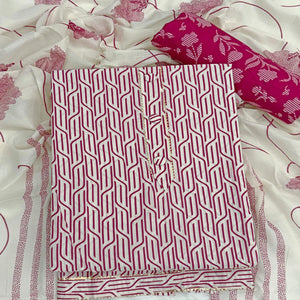 Trendy Rani Pink Geometric Print Pure Cotton Dress Material With Stylish Tie Neck & Fancy Button