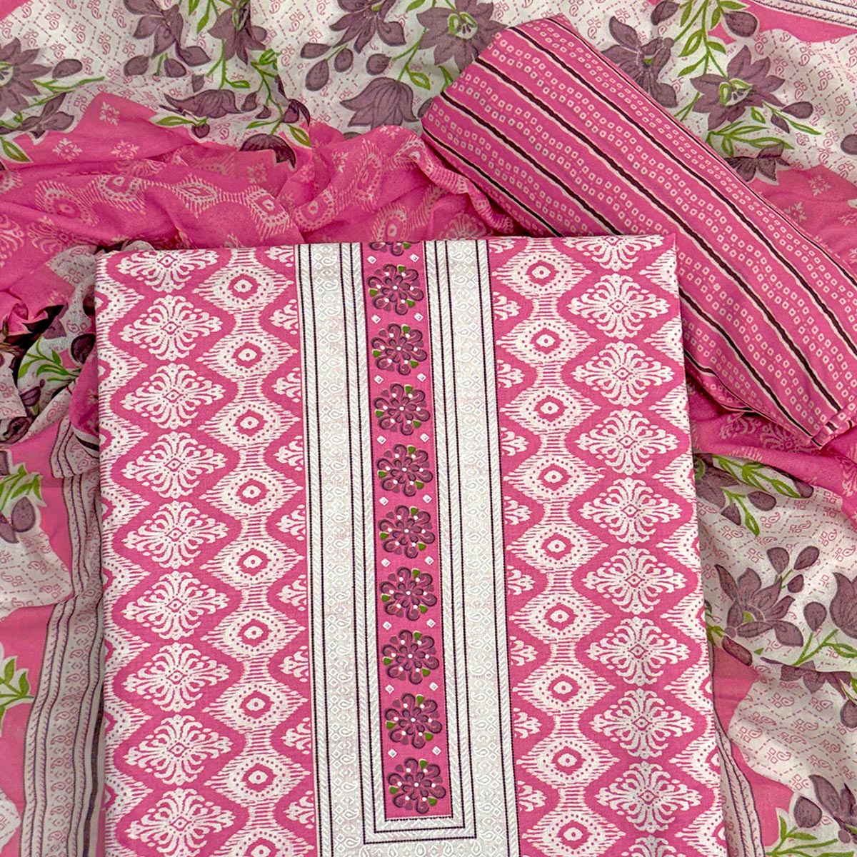 Charming Pink Pure Cotton Dress Material With Delicate Floral Print