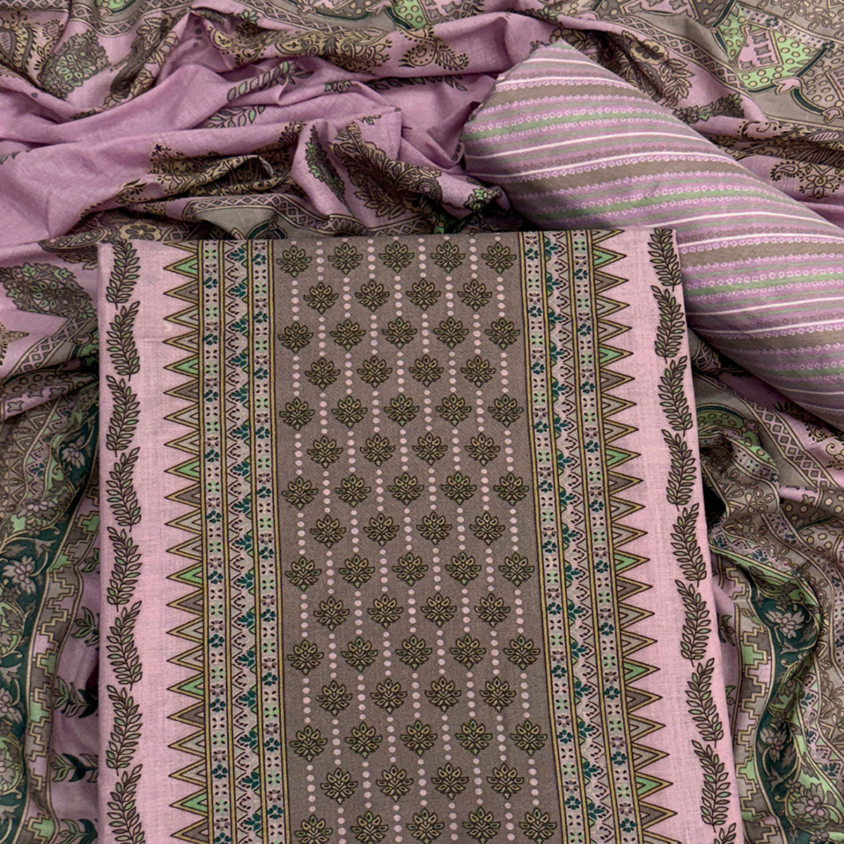 Vibrant Light Purple Pure Cotton Dress Material Featuring Artistic Floral Print