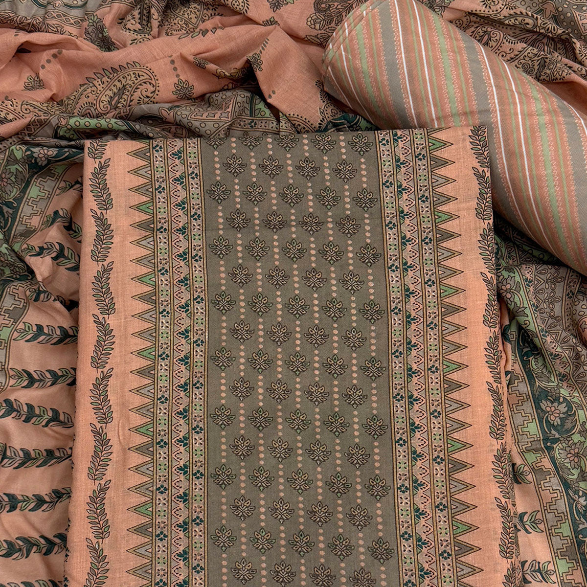 Vibrant Peach Pure Cotton Dress Material Featuring Artistic Floral Print