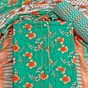 Green Floral Printed Pure Cotton Dress Material With Stylish Tie Neck & Fancy Button Work