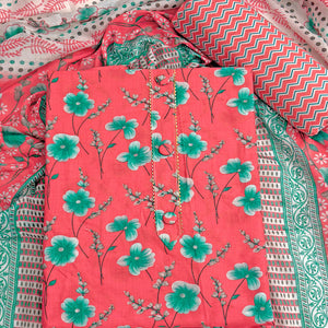 Red Floral Printed Pure Cotton Dress Material With Stylish Tie Neck & Fancy Button Work