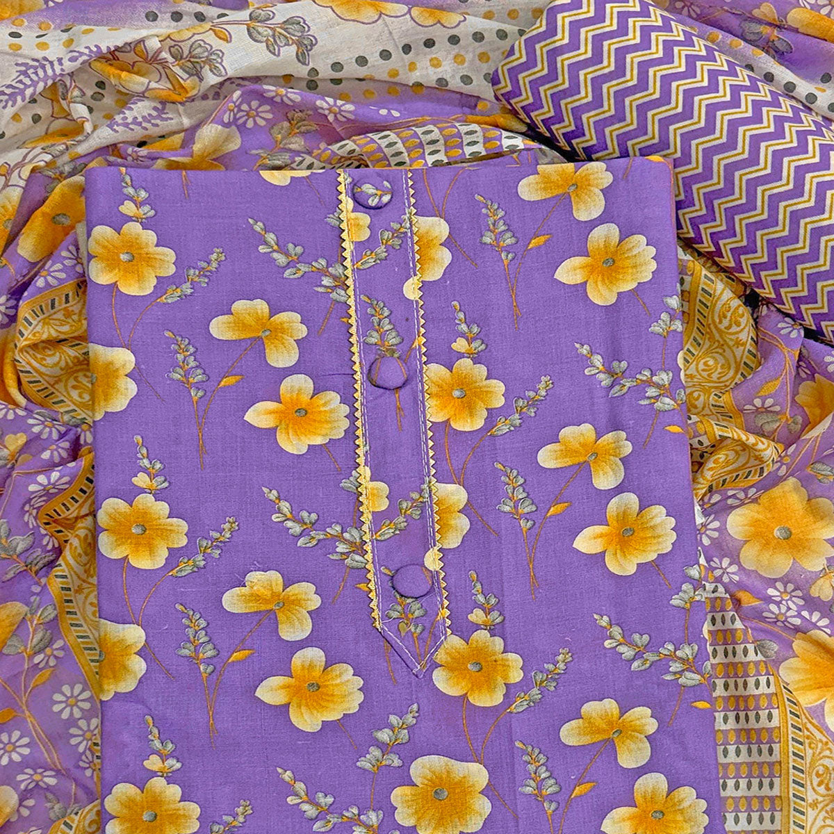 Lavender Floral Printed Pure Cotton Dress Material With Stylish Tie Neck & Fancy Button Work