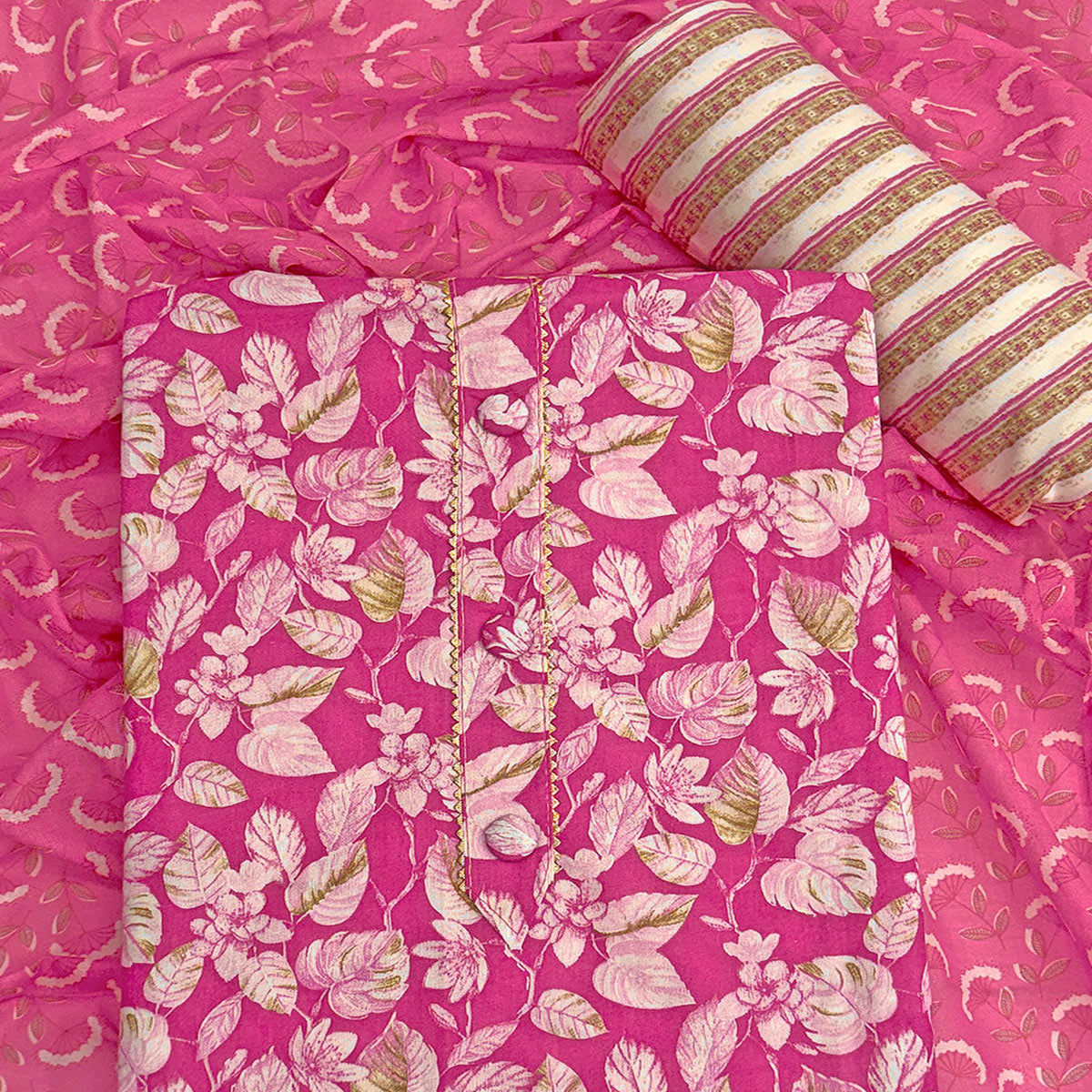 Charming Magenta Pure Cotton Dress Material Featuring Floral Print With Tie On Neck & Fancy Button
