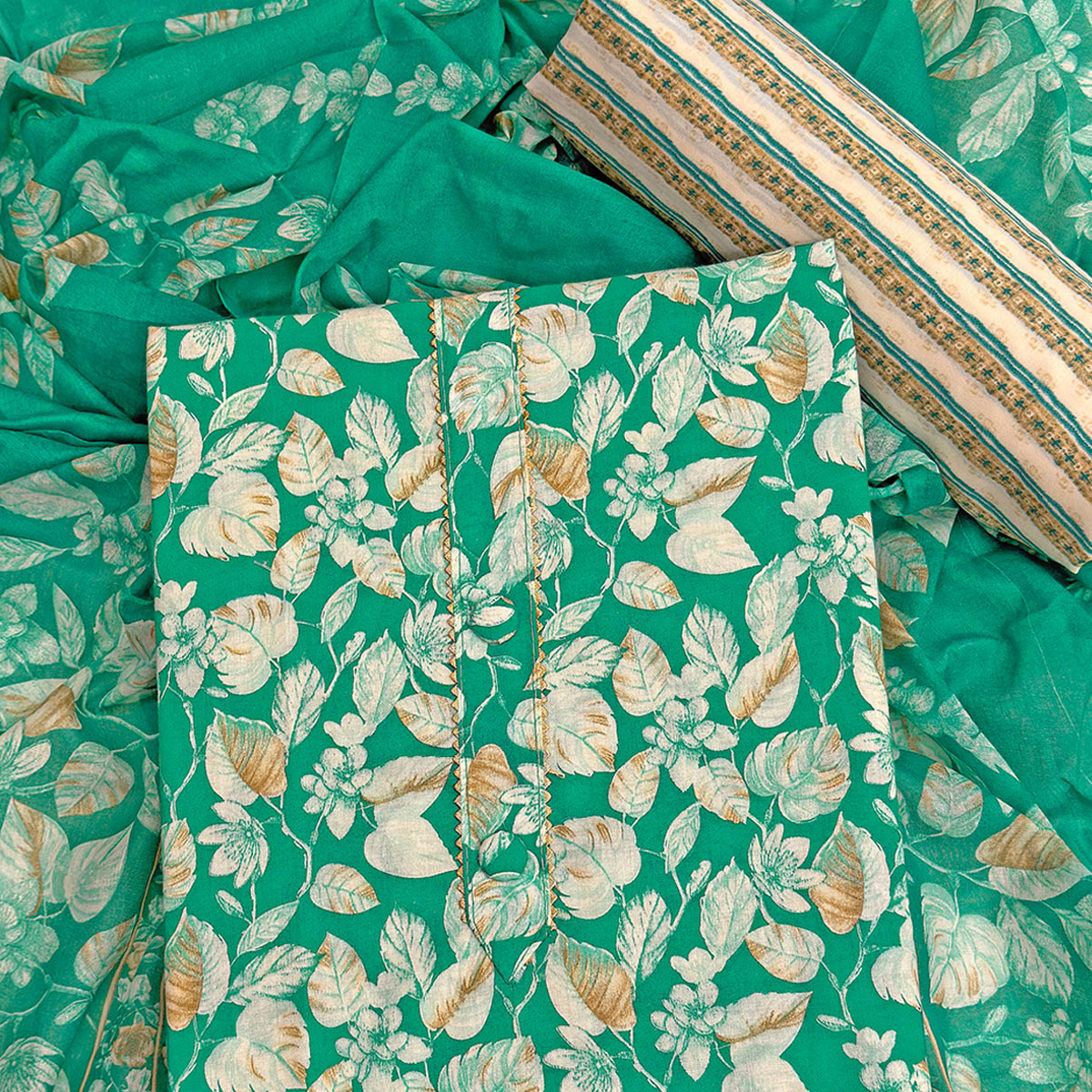 Charming Green Pure Cotton Dress Material Featuring Floral Print With Tie On Neck & Fancy Button