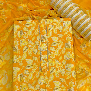 Charming Mustard Pure Cotton Dress Material Featuring Floral Print With Tie On Neck & Fancy Button