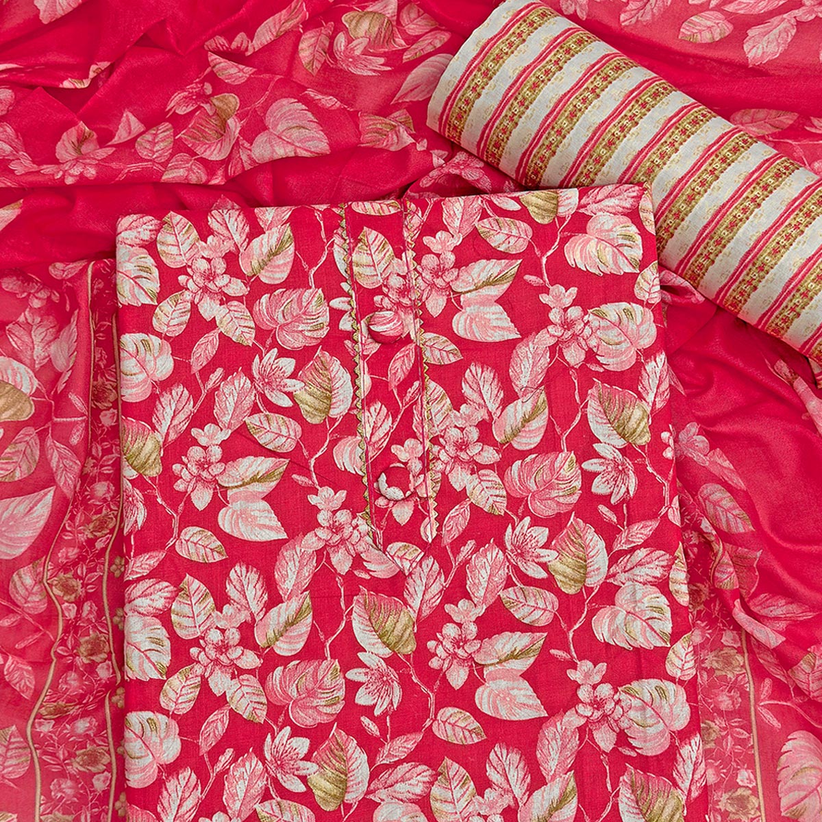 Cherry Red Pure Cotton Dress Material Featuring Floral Print With Tie On Neck & Fancy Button