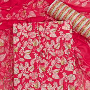 Cherry Red Pure Cotton Dress Material Featuring Floral Print With Tie On Neck & Fancy Button