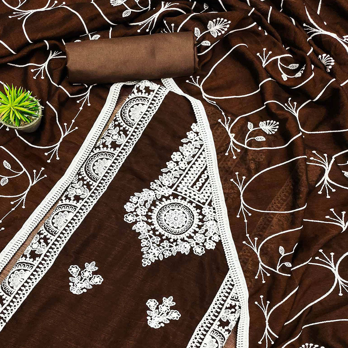 Brown Floral Embroidered Vichitra Silk Dress Material