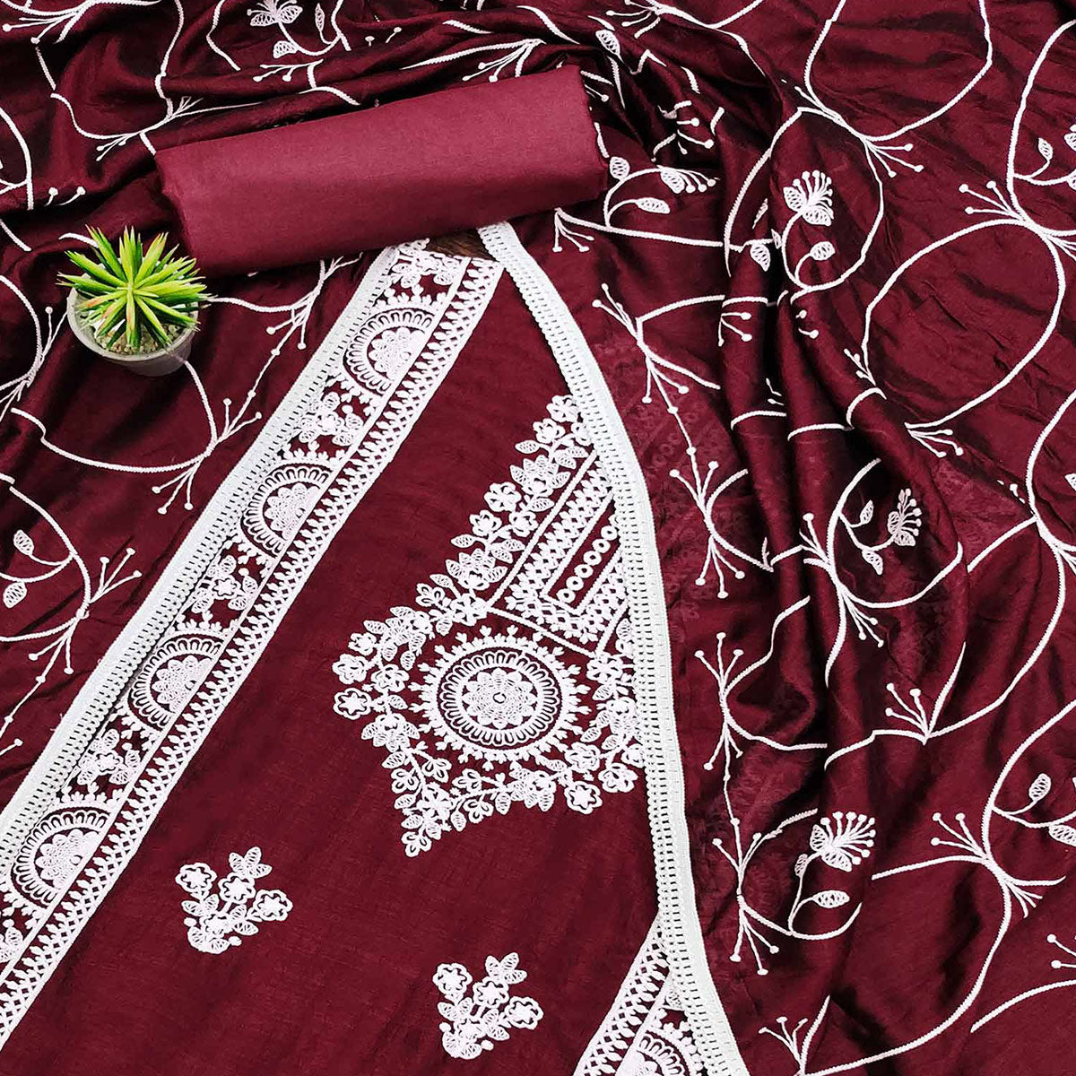 Maroon Floral Embroidered Vichitra Silk Dress Material