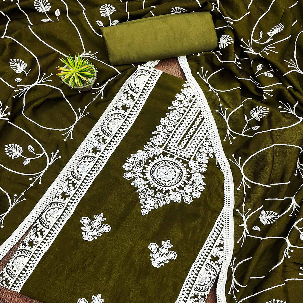 Mehendi Green Floral Embroidered Vichitra Silk Dress Material