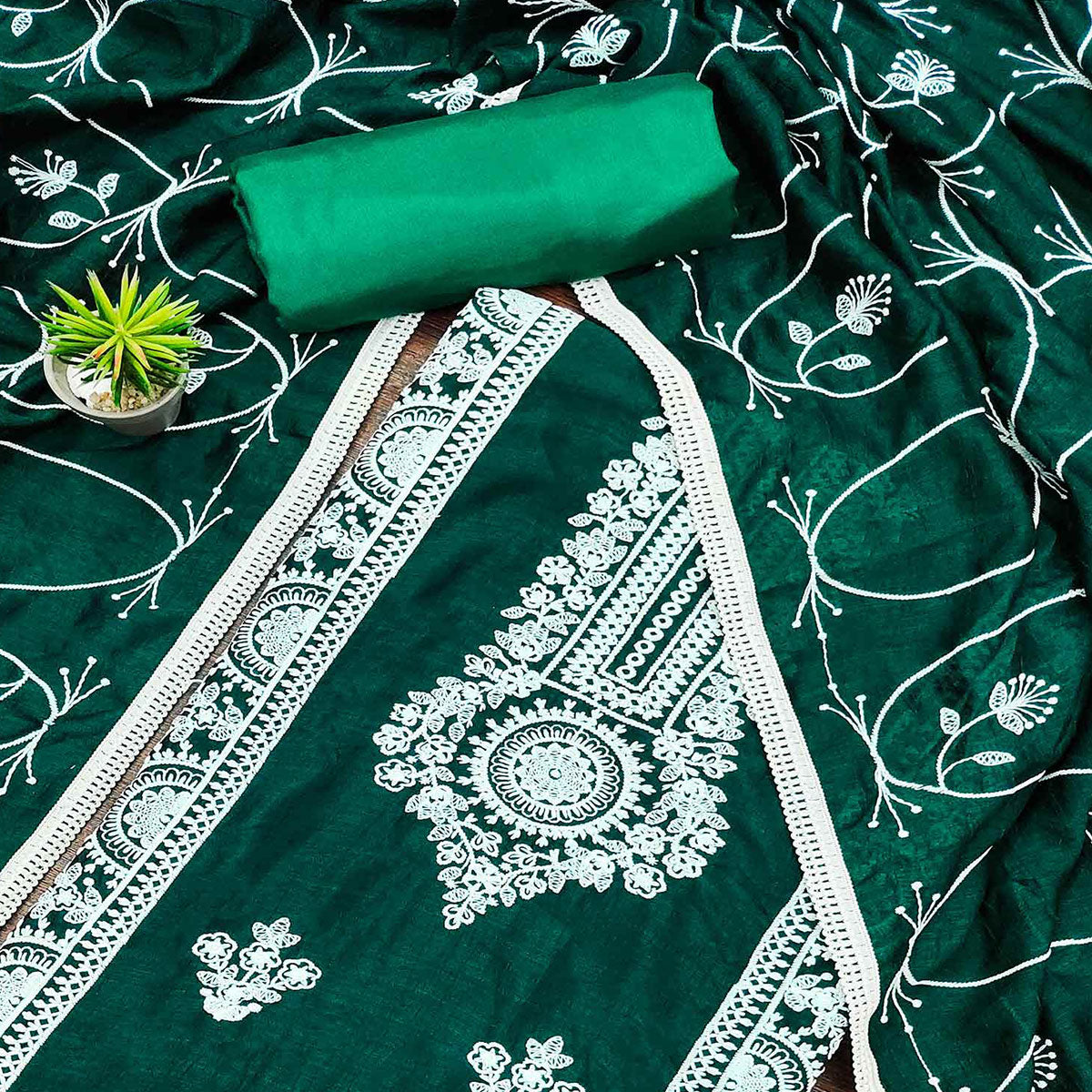 Rama Green Floral Embroidered Vichitra Silk Dress Material