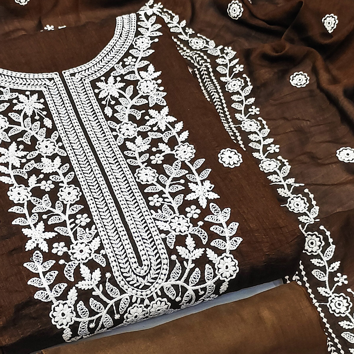 Brown Floral Embroidered Vichitra Silk Dress Material