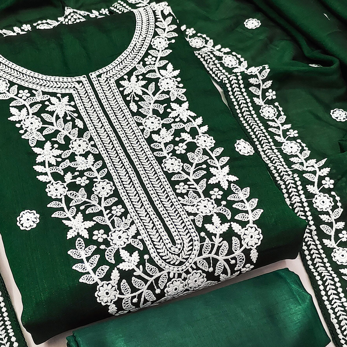 Green Floral Embroidered Vichitra Silk Dress Material