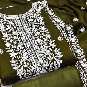Mehendi Green Floral Embroidered Vichitra Silk Dress Material