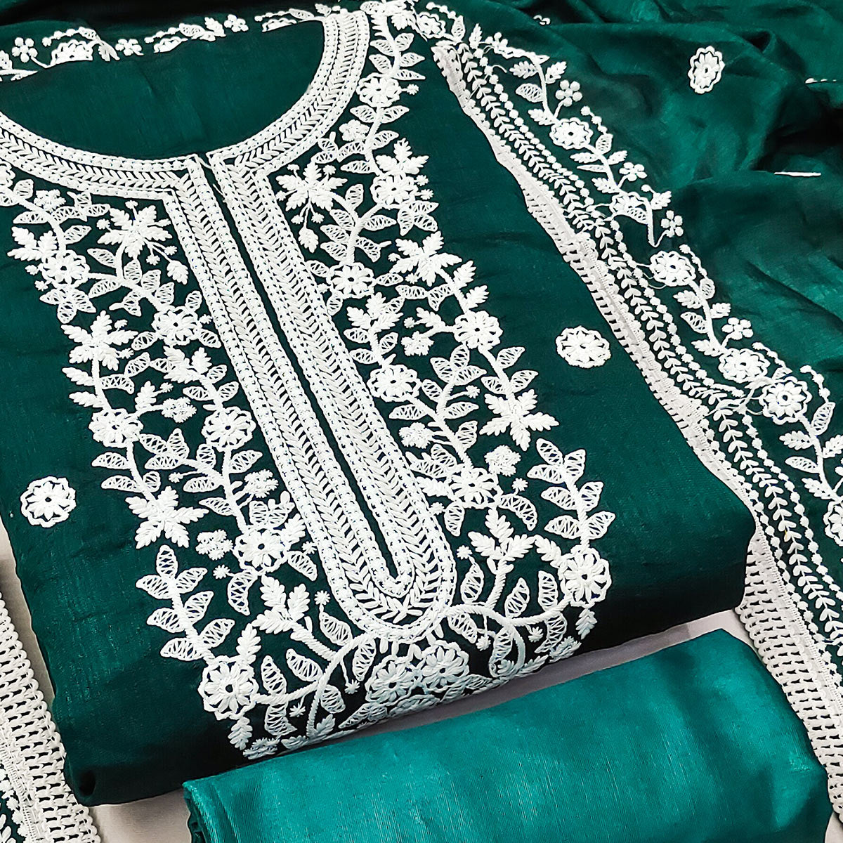 Rama Green Floral Embroidered Vichitra Silk Dress Material