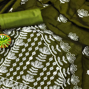 Mehendi Green Floral Embroidered Vichitra Silk Dress Material