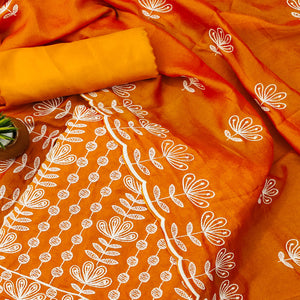 Mustard Floral Embroidered Vichitra Silk Dress Material