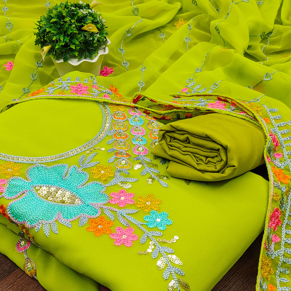 Green Floral Sequins Embroidered Georgette Dress Material