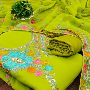 Green Floral Sequins Embroidered Georgette Dress Material