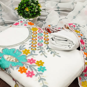 White Floral Sequins Embroidered Georgette Dress Material