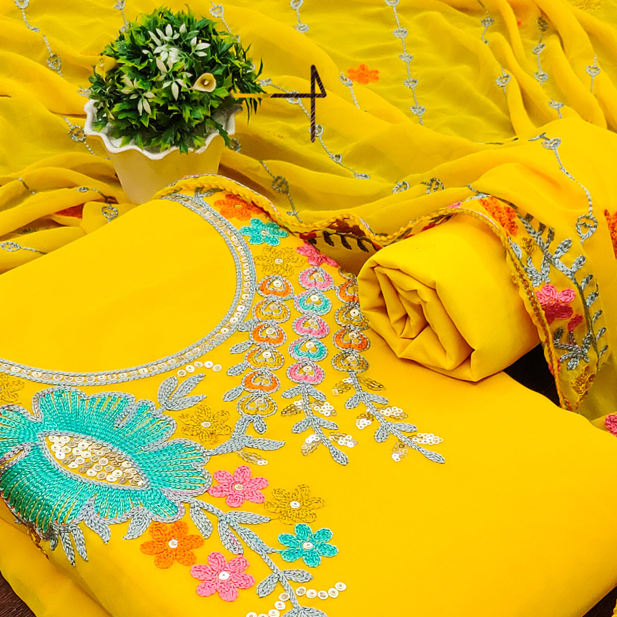 Yellow Floral Sequins Embroidered Georgette Dress Material