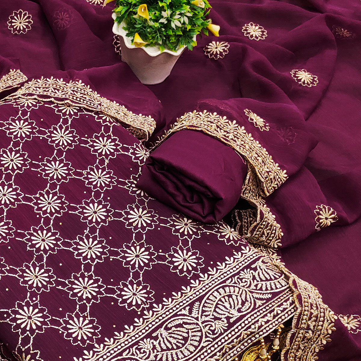 Wine Floral Embroidered Georgette Dress Material