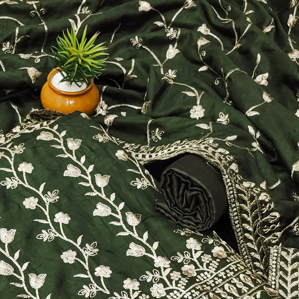 Green Floral Embroidered Vichitra Silk Dress Material