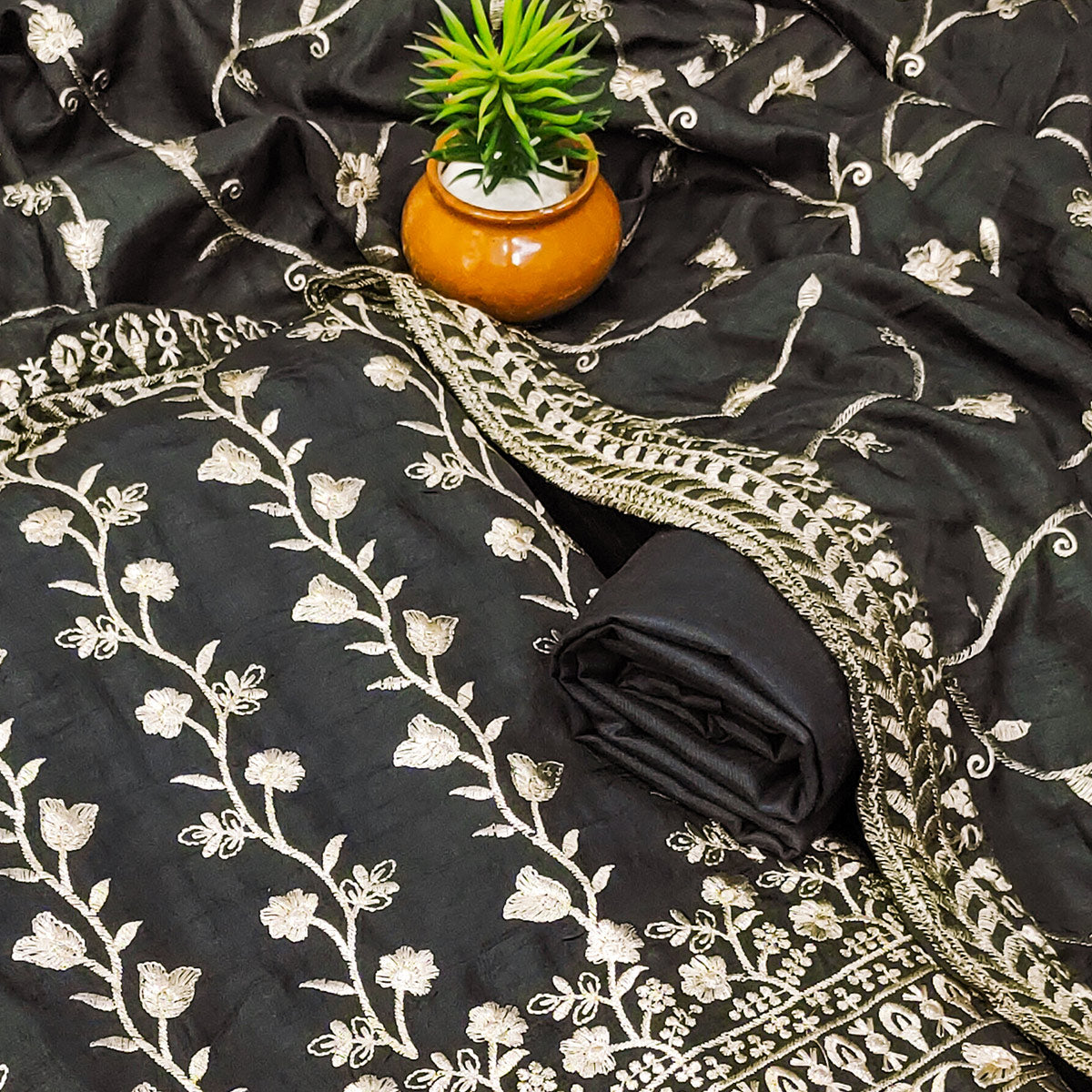 Grey Floral Embroidered Vichitra Silk Dress Material