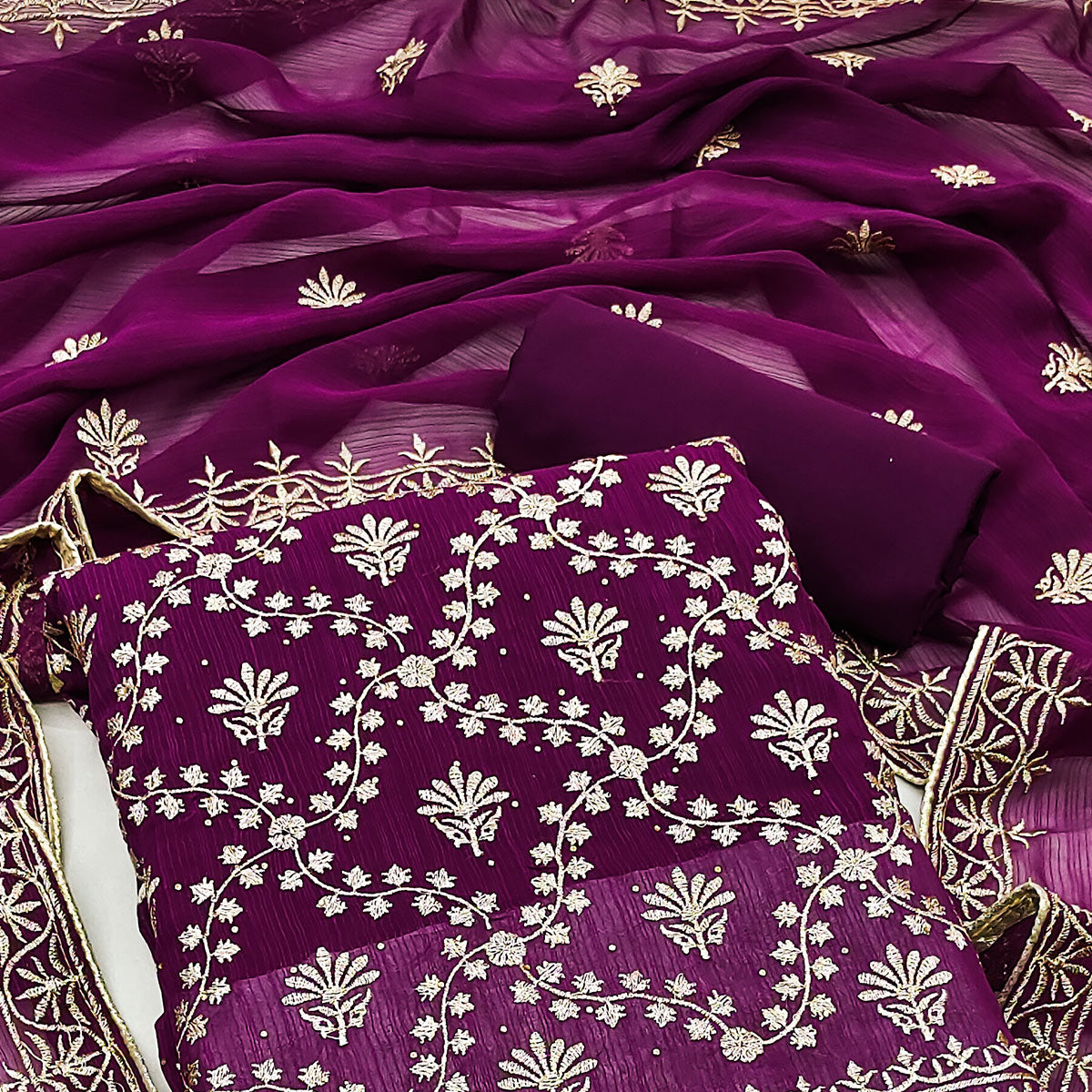 Wine Floral Embroidered Georgette Dress Material