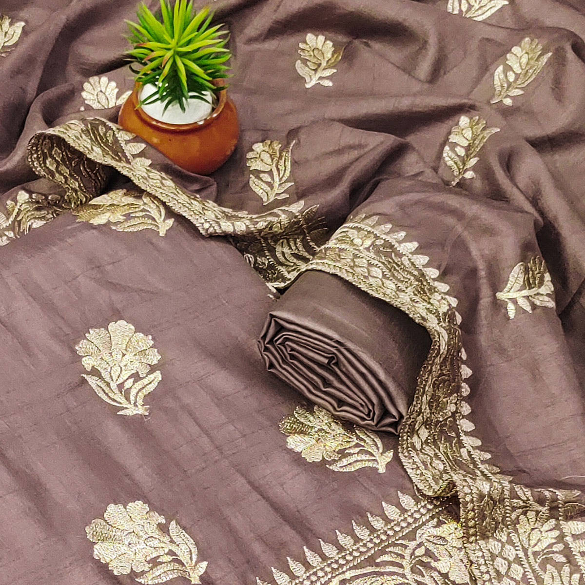 Brown Floral Embroidered Vichitra Silk Dress Material