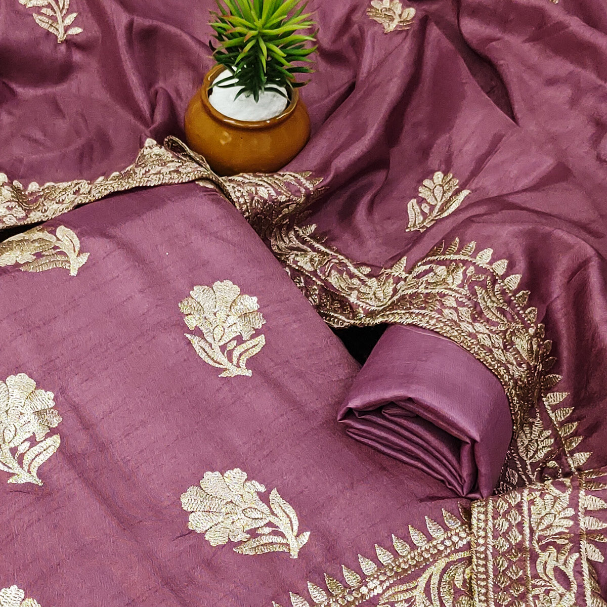 Mauve Floral Embroidered Vichitra Silk Dress Material