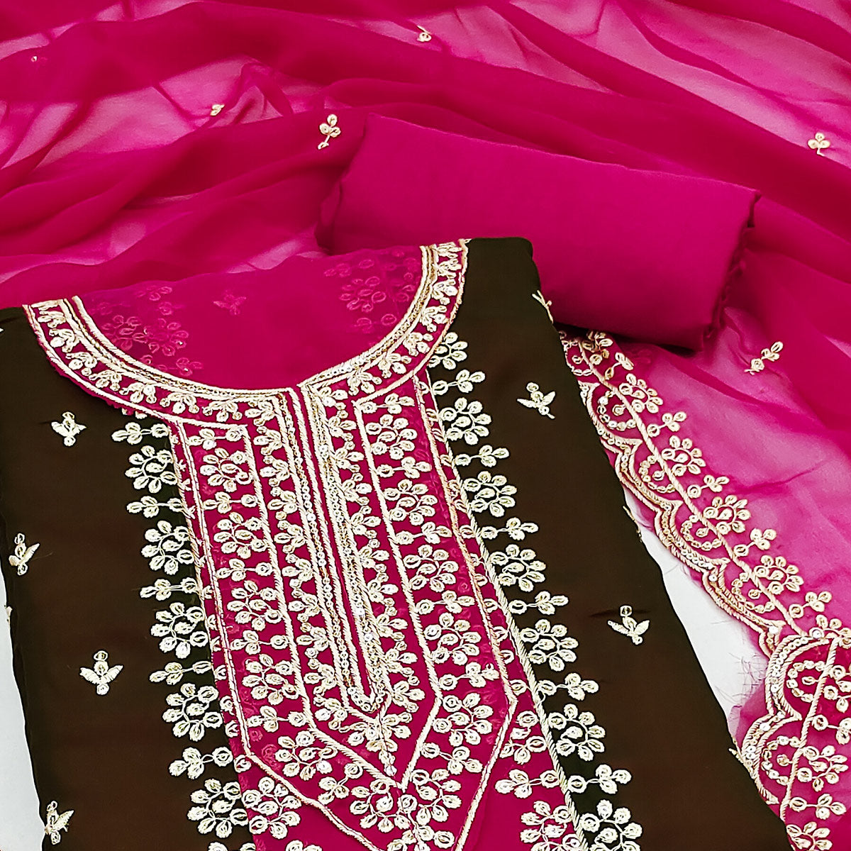 Rani Pink Floral Embroidered Georgette Dress Material