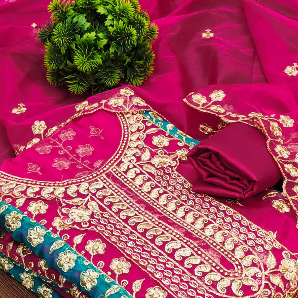 Pink Floral Embroidered With Digital Printed Organza Dress Material