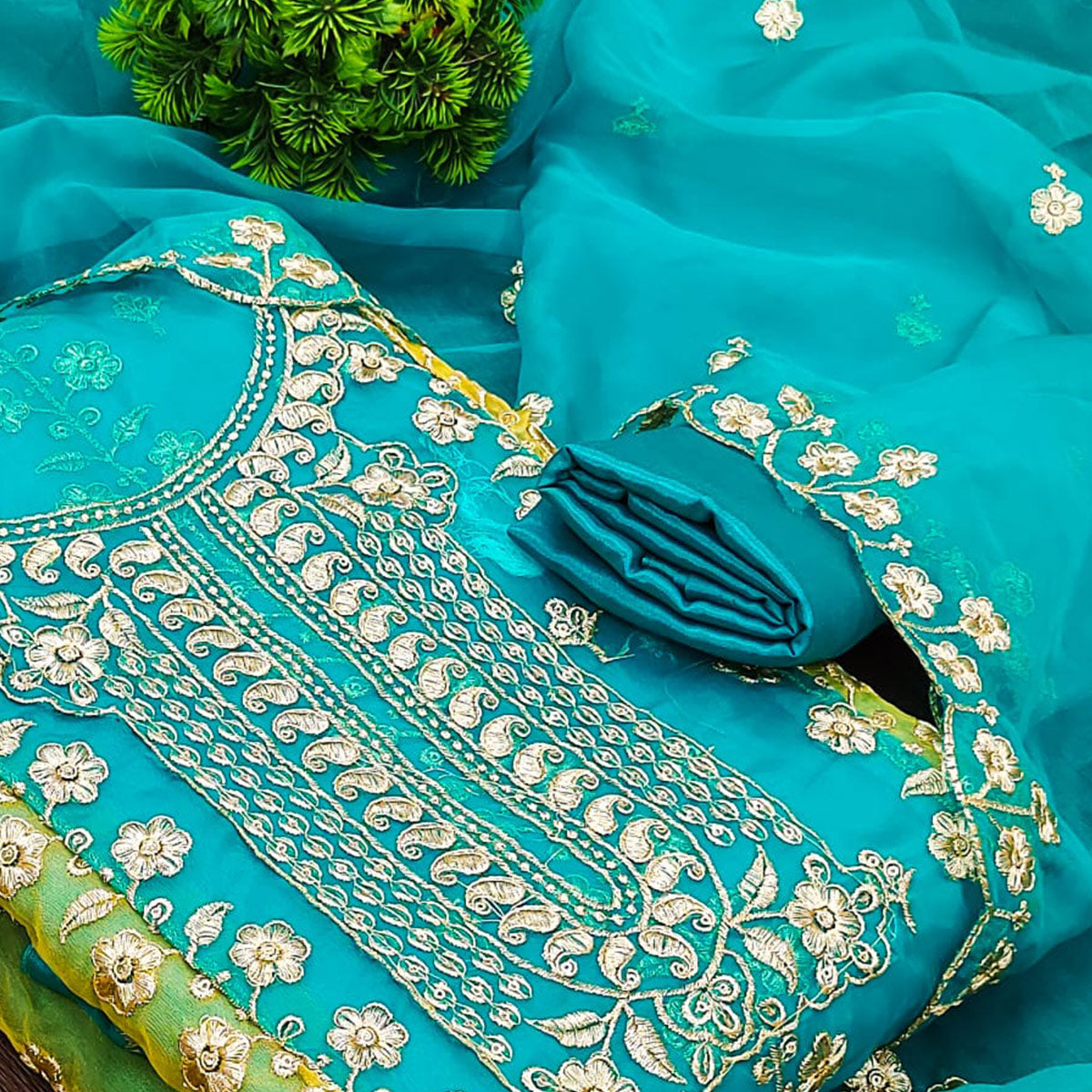 Turquoise Floral Embroidered With Digital Printed Organza Dress Material