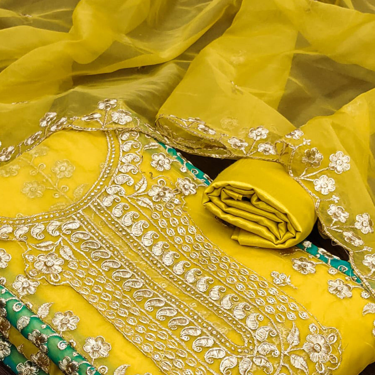 Yellow Floral Embroidered With Digital Printed Organza Dress Material