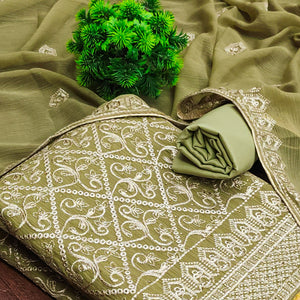 Green Floral Embroidered Vichitra Silk Dress Material