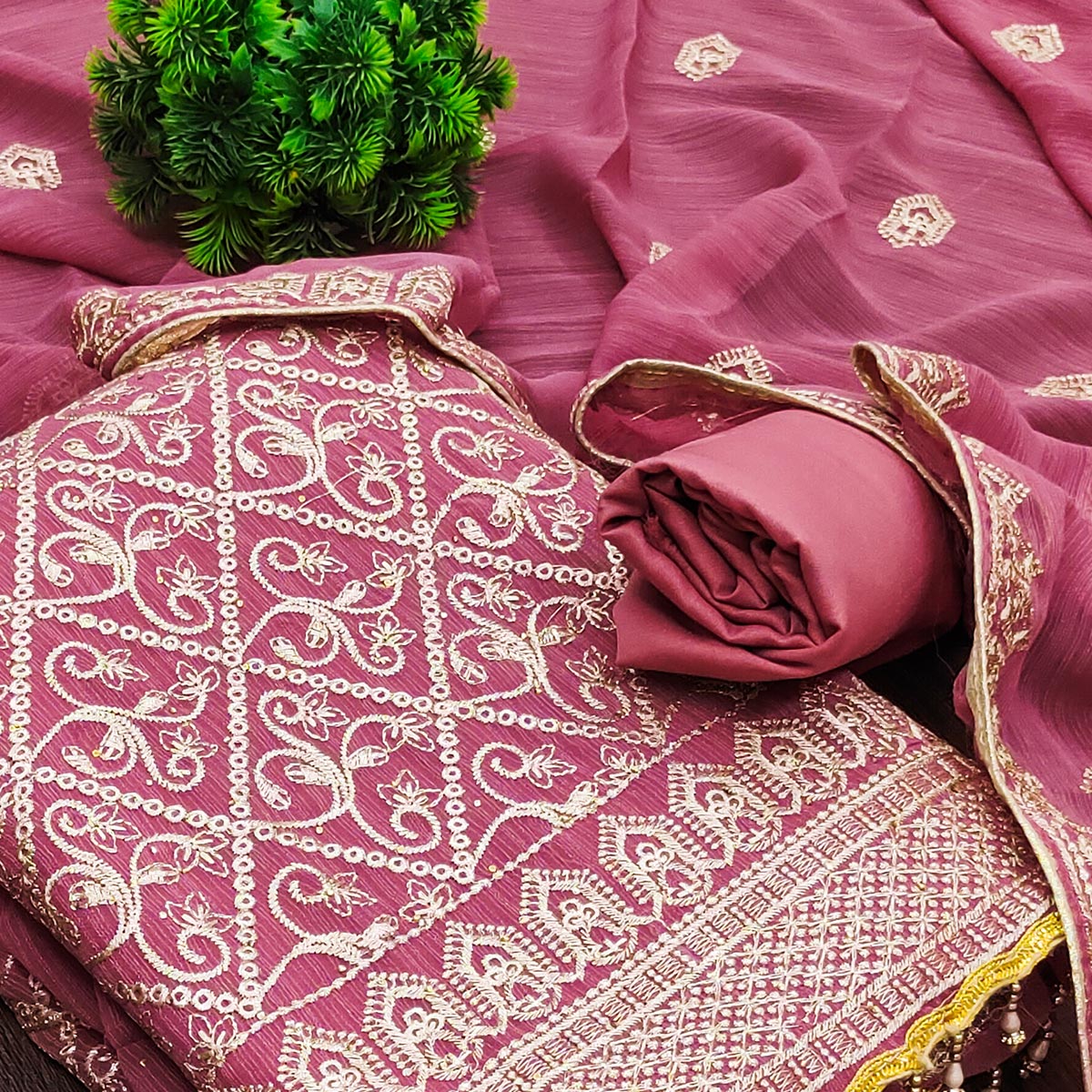 Pink Floral Embroidered Vichitra Silk Dress Material