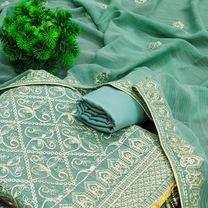 Sea Green Floral Embroidered Vichitra Silk Dress Material