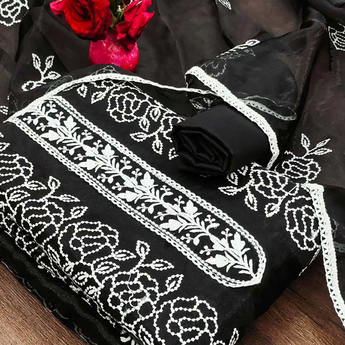 Black Floral Embroidered Organza Dress Material